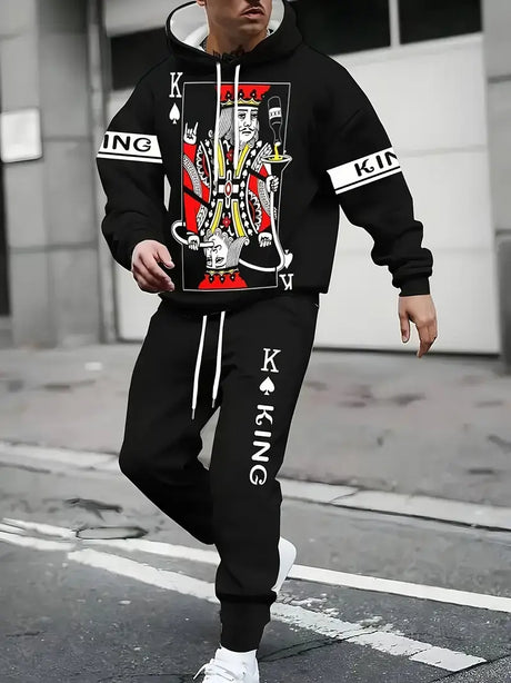 Men's black hoodie and sweatpants set featuring a playing card design, perfect for casual streetwear.