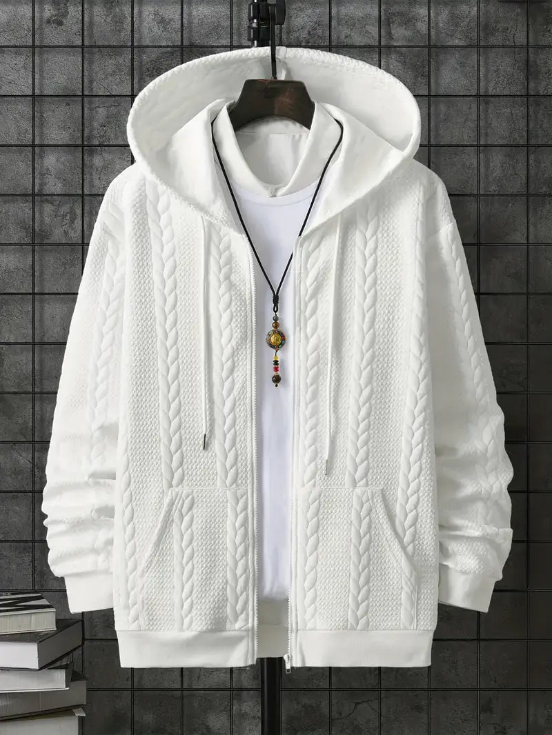 Stylish white hoodie sweatshirt with textured cable knit pattern, perfect for men's casual wear.