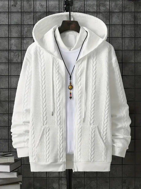 Stylish white hoodie sweatshirt with textured cable knit pattern, perfect for men's casual wear.
