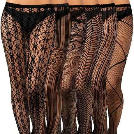 Collection of women's black hosiery featuring various lace and fishnet designs, perfect for stylish outfits.