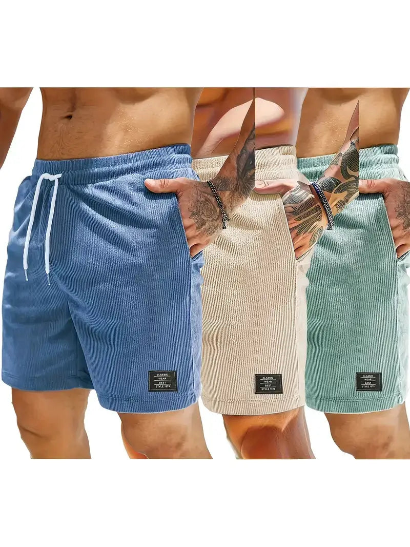 Men's shorts collection featuring blue, beige, and green corduroy styles, perfect for summer wear.