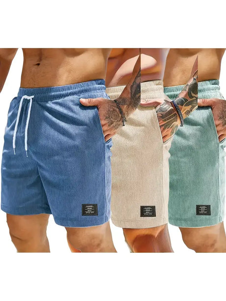 Men's shorts collection featuring blue, beige, and green corduroy styles, perfect for summer wear.
