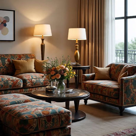 Stylish couch and sofa decor with vibrant floral patterns, elegant lamps, and a coffee table in a cozy living room.