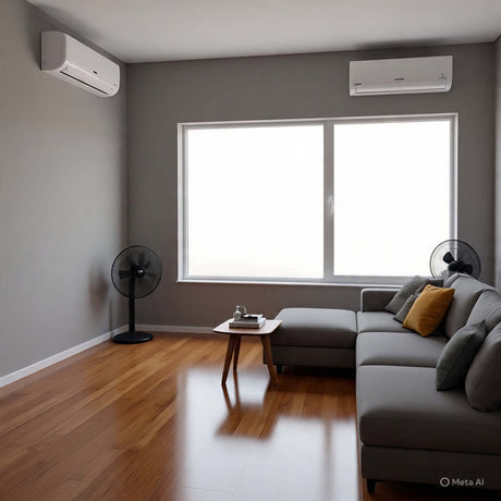 Cozy living room featuring air conditioners, ceiling fan, and modern furniture for optimal comfort.