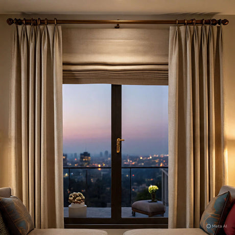 Elegant window treatments with beige curtains and hardware showcasing a city skyline at dusk.
