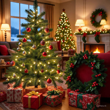 Cozy living room decorated for Christmas, featuring a lit tree, festive wreath, and wrapped gifts.