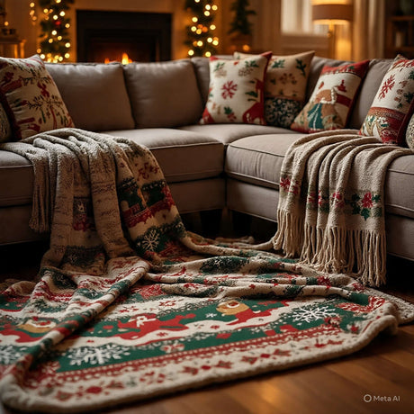 Cozy blankets and throws draped over a sofa with decorative pillows in a warm, festive living room setting.