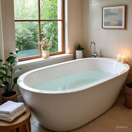 Modern freestanding bathtub in a serene bathroom with natural light, plants, and candles for relaxation.