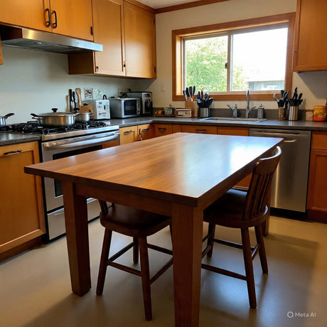 Modern kitchen featuring a wooden dining table, chairs, and essential cooking appliances.