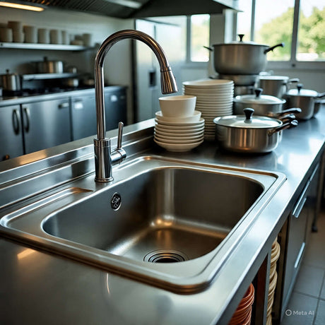 Stainless steel sink in a commercial kitchen, surrounded by pots and clean dishes ready for service.
