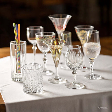 Diverse collection of elegant glassware and drinkware displayed on a table, perfect for any occasion.
