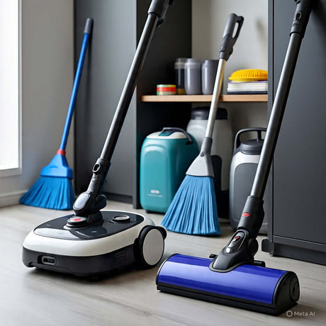 Various vacuum cleaners and floor care tools displayed in a modern home setting.