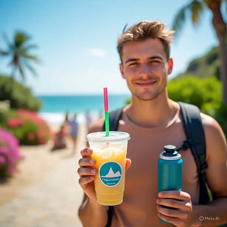 Young man holding a chilled drink and a water bottle, enjoying a beach day with palm trees in the background.