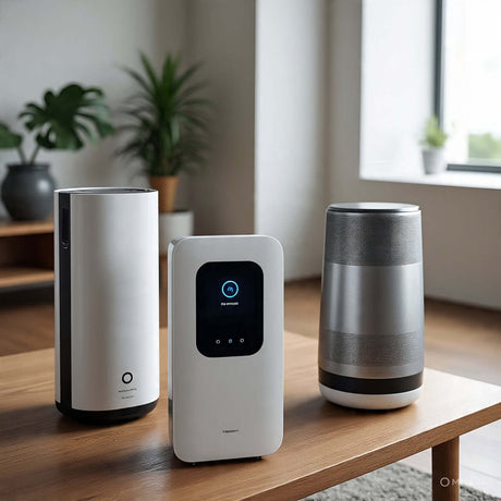 Three air quality products on a wooden table, featuring modern designs perfect for home use.