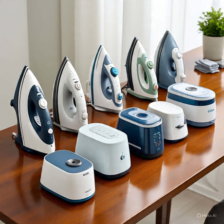 A collection of irons and steamers displayed on a wooden table, showcasing sleek designs and functionality.