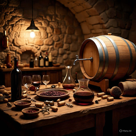 Wine making supplies showcased in a rustic cellar, featuring a barrel, glasses, and tools for crafting homemade wine.
