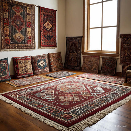 Collection of decorative rugs and mats featuring intricate patterns and rich colors in a cozy interior setting.