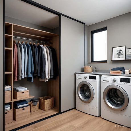 Modern closet with organized clothing and laundry machines, showcasing efficient storage solutions for closets and laundry rooms.