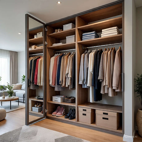 Stylish home closet with organized clothing, shelves, and storage boxes for efficient home storage and organization.