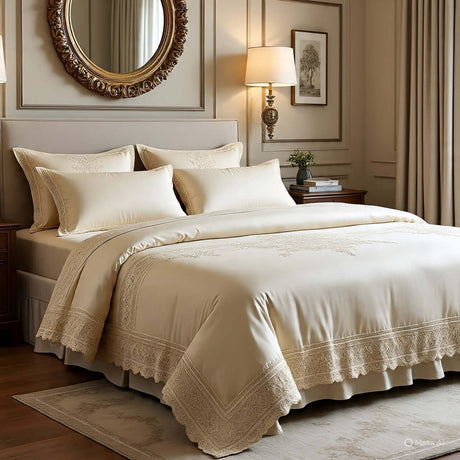 Elegant beige bedding set with decorative lace trim and matching pillows in a stylish, modern bedroom setting.