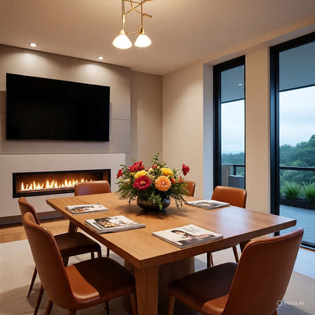 Cozy dining area with modern decor, wooden table, elegant chairs, and a floral centerpiece, perfect for entertaining.