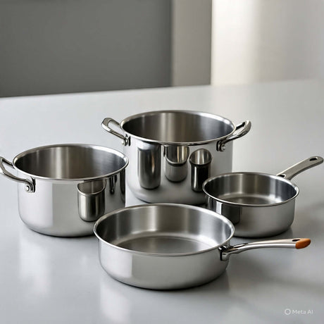 Set of stainless steel cookware with various sizes including pots and a frying pan for versatile cooking.