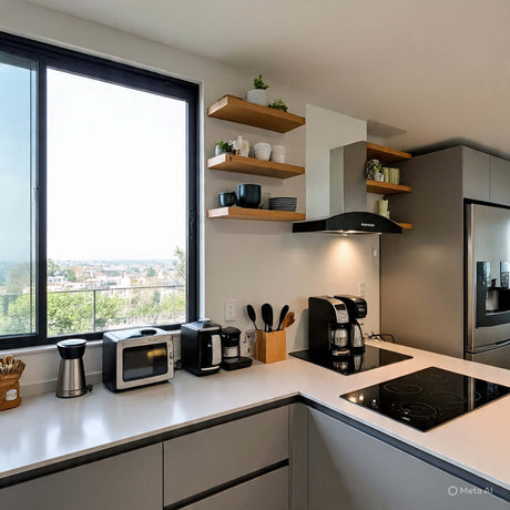 Modern kitchen showcasing small appliances like a coffee maker, microwave, and stylish shelves with accessories.