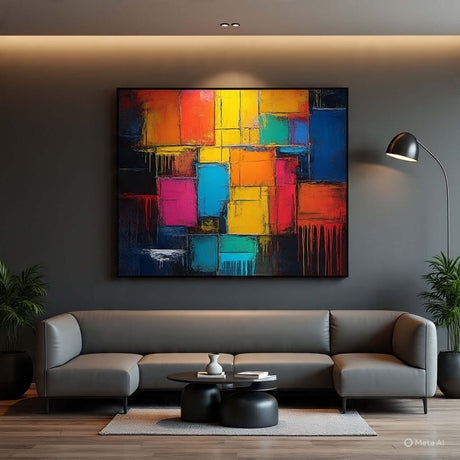 Colorful abstract wall art featuring vibrant squares and shapes in a contemporary living room setting.