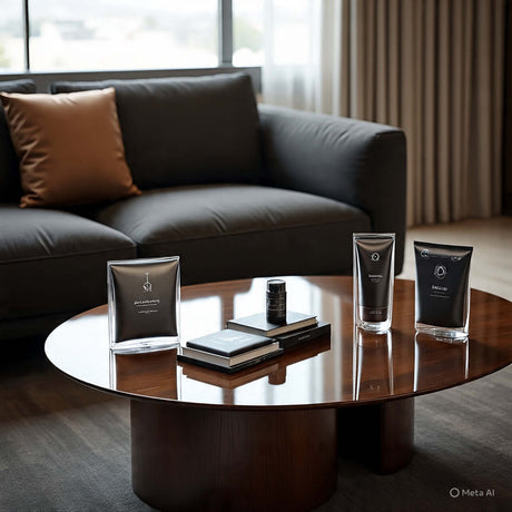 Stylish living room setup featuring personalized skincare products on a wooden coffee table next to a cozy couch.