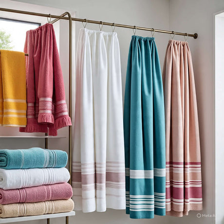 Colorful towels and shower curtains hanging in a bright bathroom, featuring soft fabrics and stylish designs.