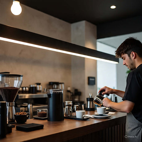 Barista preparing coffee at a modern cafe with stylish equipment and a minimalist design.