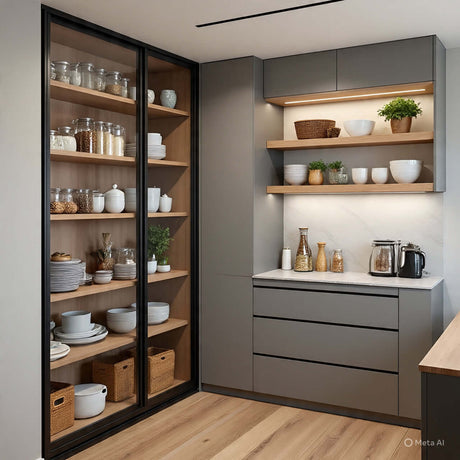Modern kitchen storage with organized shelves, glass doors, and stylish containers for an efficient home.