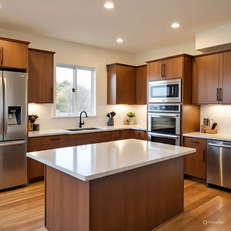 Modern kitchen with wooden cabinets, stainless steel appliances, and a large island featuring a white countertop.