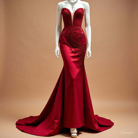 Elegant red evening gown with intricate embroidery, designed for luxury and sophistication in women's fashion.