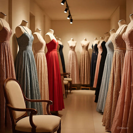 Elegant women's dresses on display in a boutique, featuring various styles and colors.