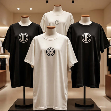 Stylish women's t-shirts displayed in a boutique, featuring black and white designs with modern logos.