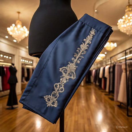 Elegant navy women's pants featuring intricate embroidery, showcased in a stylish boutique setting.