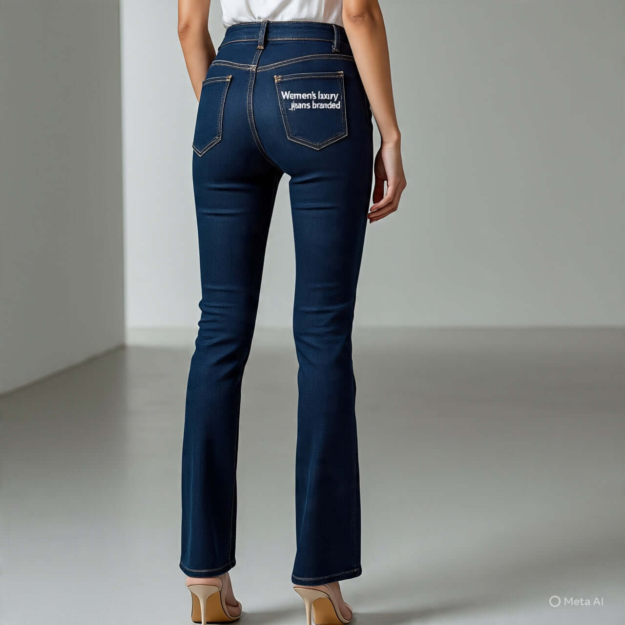 Back view of a woman wearing women's luxury jeans with branded logo, showcasing style and fit.