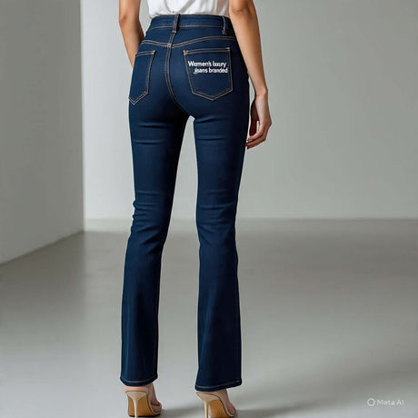 Back view of a woman wearing women's luxury jeans with branded logo, showcasing style and fit.