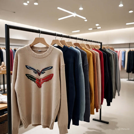 Collection of women's sweaters displayed on a rack, featuring various colors and designs in a modern retail setting.
