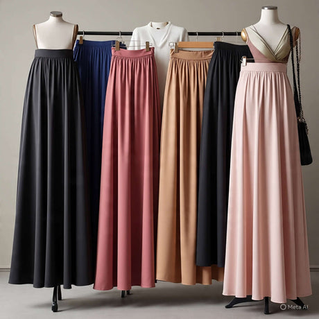 Stylish women's skirts on display in various colors, including pink, black, and navy, perfect for any occasion.