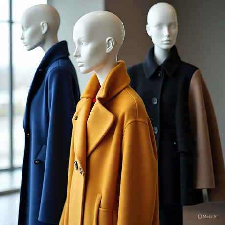 Stylish women's coats and jackets in blue, yellow, and black displayed on mannequins in a modern setting.