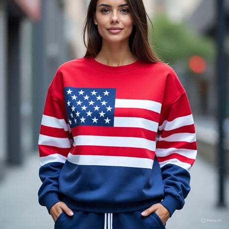 Stylish woman in a red and blue sweatshirt featuring the American flag design, perfect for casual wear.