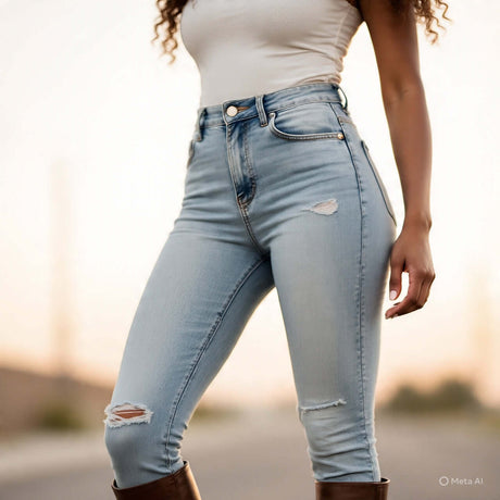 Model wearing high-waisted light blue ripped jeans, showcasing a trendy look in women's denim apparel.