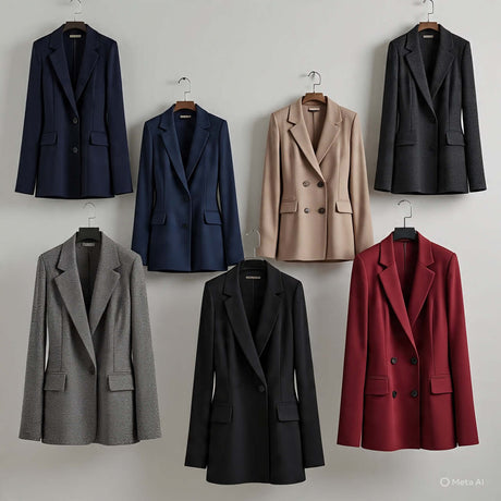 Collection of stylish women's blazers in various colors and styles, perfect for any occasion.