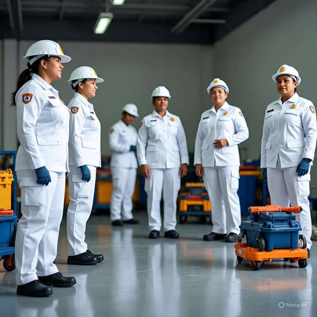 Group of women in white safety uniforms and hard hats, showcasing work and safety attire in a warehouse setting.