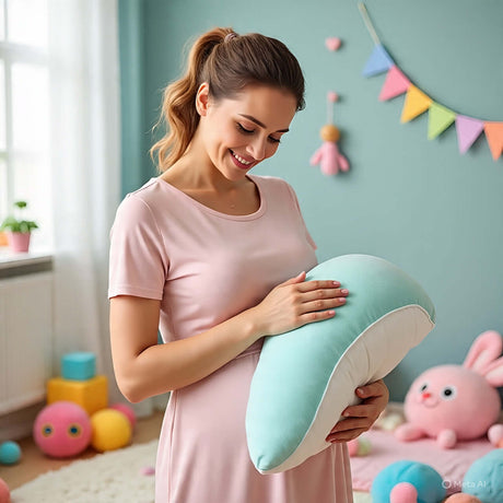Smiling pregnant woman in a pink dress holding a soft turquoise pillow in a colorful nursery.