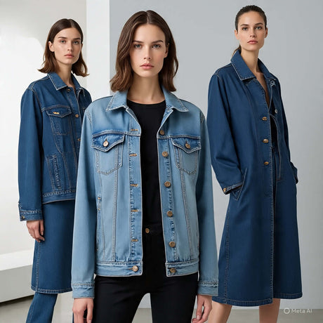 Women's denim jackets and coats collection featuring stylish designs and various shades of blue.