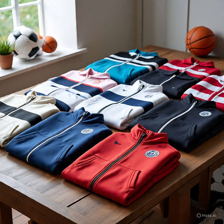 Sporty sweatshirts displayed on a table, featuring various colors and styles perfect for active lifestyles.