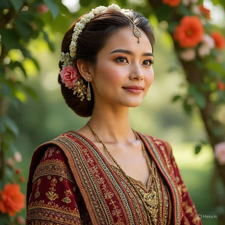 Elegant woman wearing traditional cultural attire with floral hair accessories in a vibrant outdoor setting.